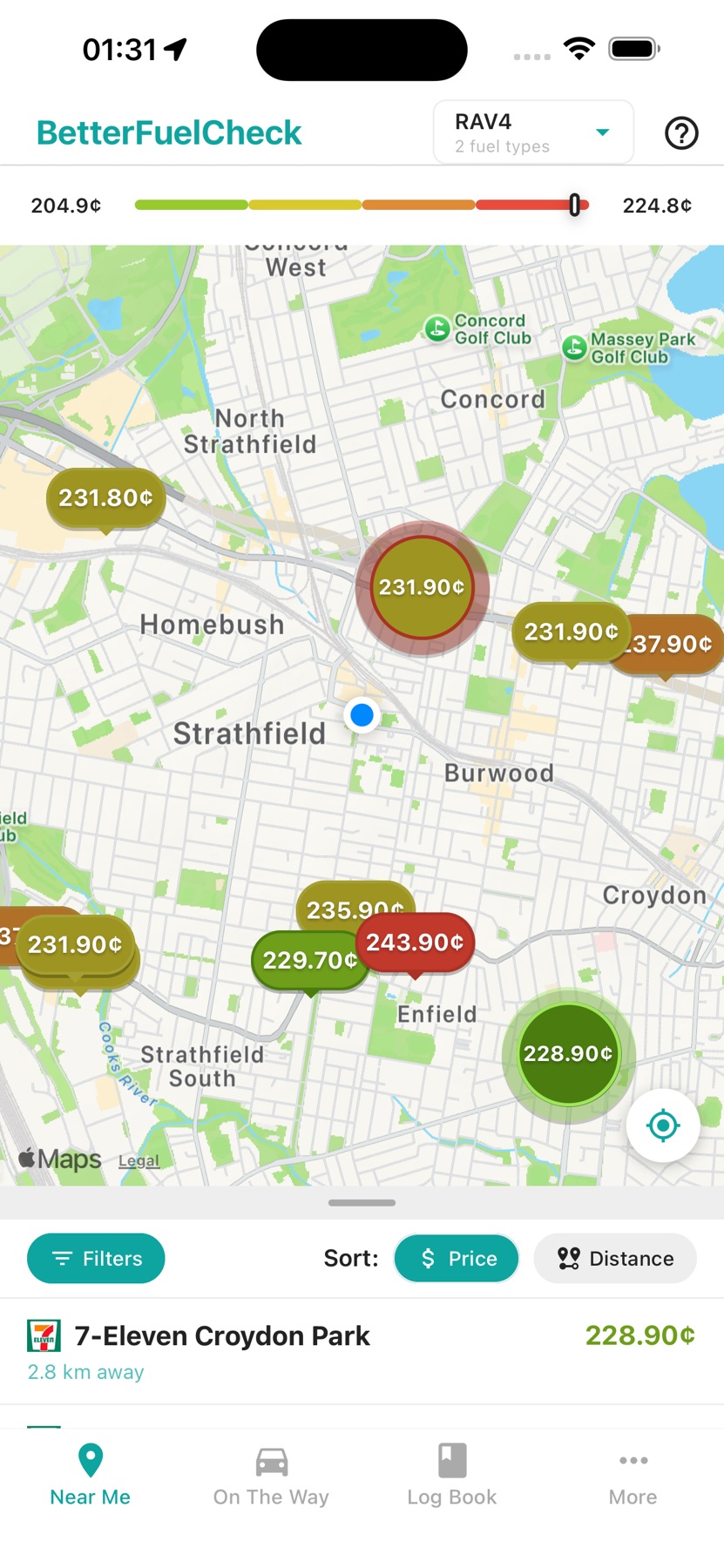BetterFuelCheck app showing fuel prices on a map